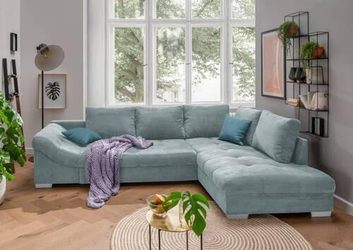 ECKSOFA Hellblau Cord  - Silberfarben/Petrol, Design, Holz/Textil (298/202cm) - MID.YOU