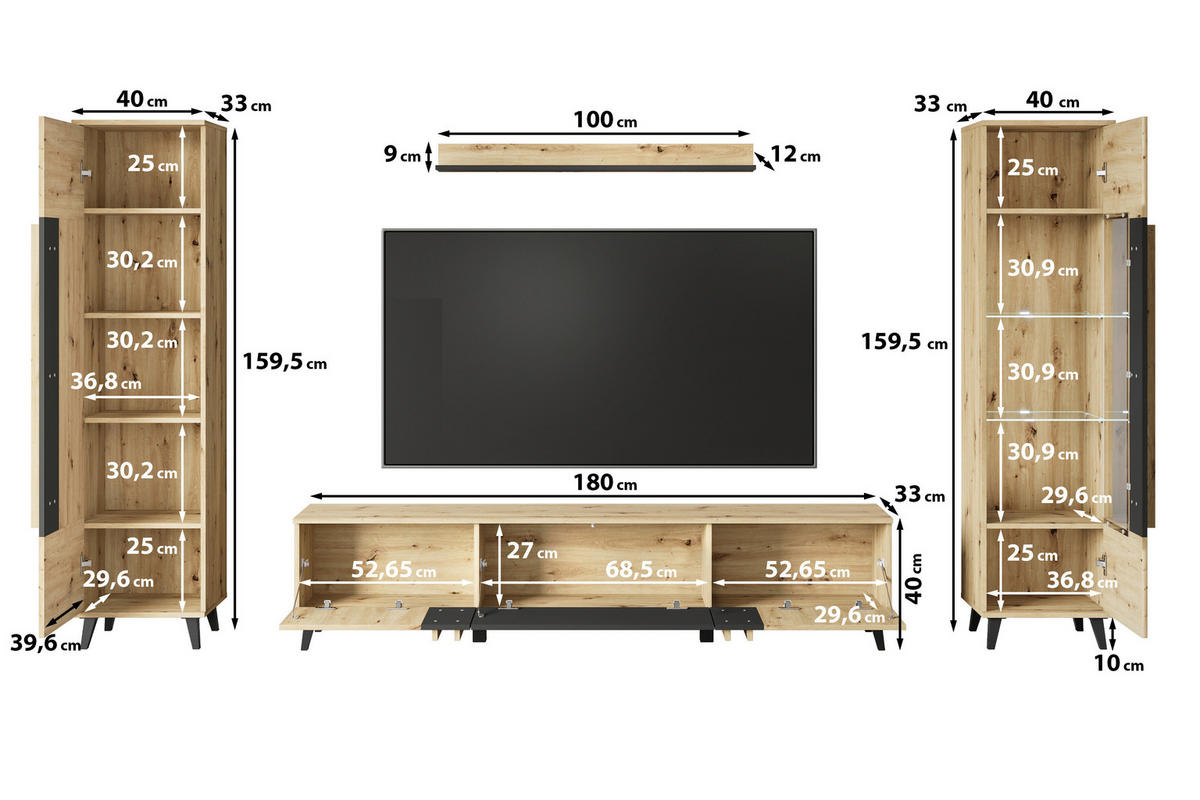 WOHNWAND 4-teilig  in Beige 260/159,5/33 cm  - Beige/Schwarz, Trend, Glas/Holzwerkstoff (260/159,5/33cm)
