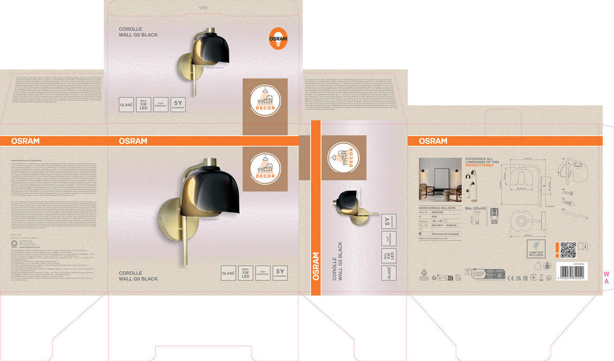 WANDLEUCHTE 13,5/21/24,5 cm   - Schwarz, Basics, Glas/Metall (13,5/21/24,5cm) - Osram