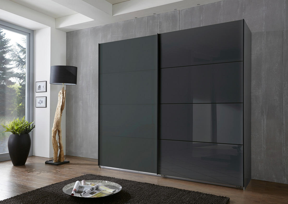SCHWEBETÜRENSCHRANK in Graphitfarben, Schwarz  - Graphitfarben/Schwarz, Design, Glas/Holzwerkstoff (225/210/65cm) - Carryhome