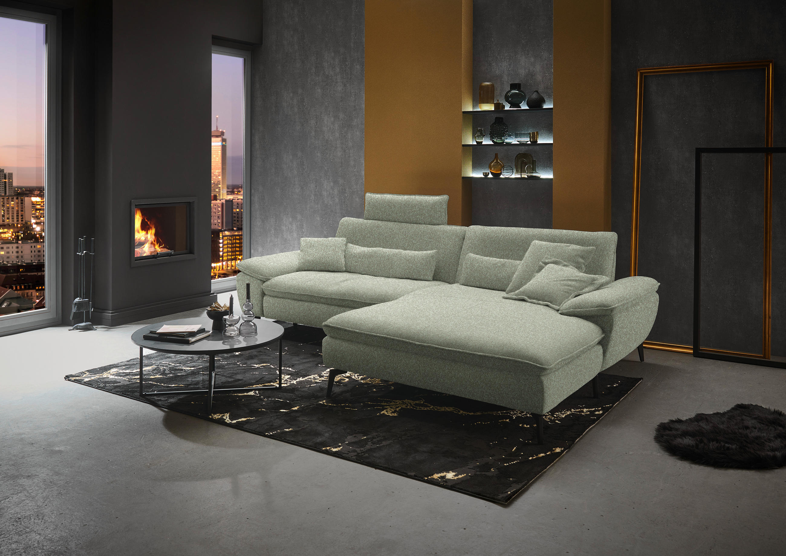 ECKSOFA in Webstoff Hellgrün  - Schwarz/Hellgrün, Design, Textil/Metall (295/197cm) - Valdera