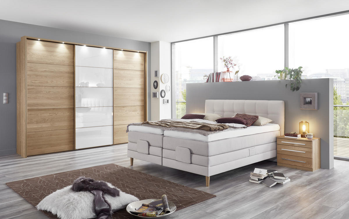  SCHWEBETÜRENSCHRANK 300/217/67 cm 3-türig  - Weiss/Eichefarben, Natur, Glas/Holz (300/217/67cm) - Linea Natura