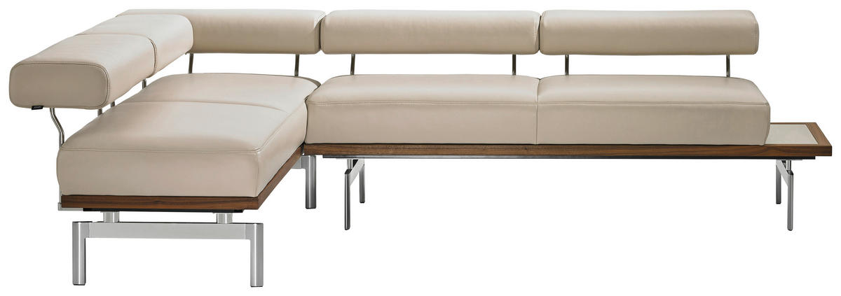 ECKBANK 190/266 cm  in Creme, Nussbaumfarben, Alufarben, Hellbraun  - Hellbraun/Nussbaumfarben, Design, Glas/Leder (190/266cm) - Joop!