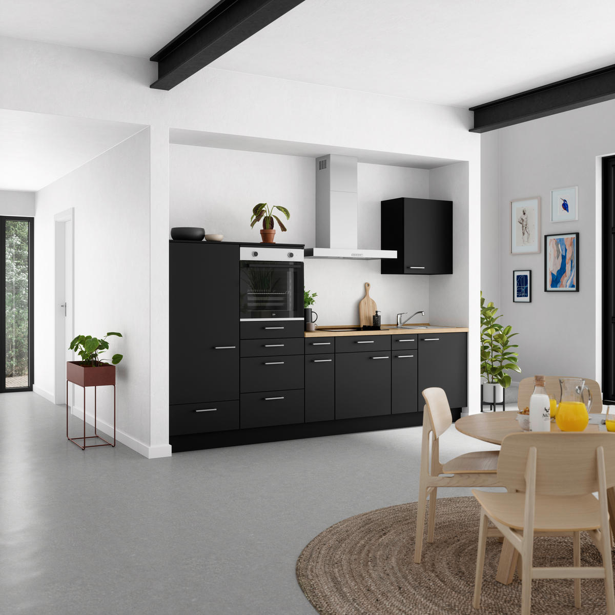 KÜCHENBLOCK 300 cm   in Schwarz, Eichefarben  - Edelstahlfarben/Eichefarben, MODERN, Holzwerkstoff/Metall (300cm) - Nobilia