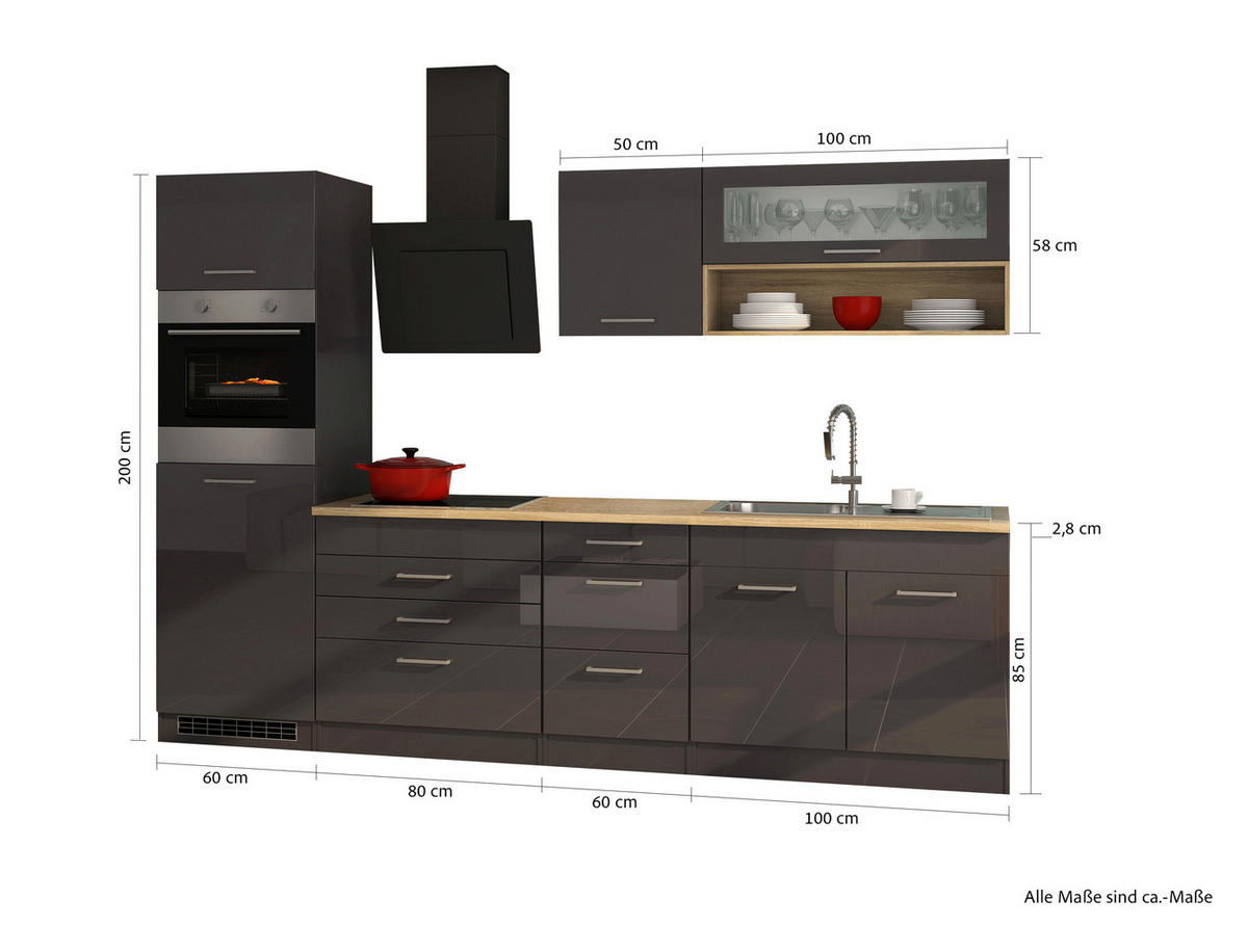 KÜCHENLEERBLOCK 290 cm   in Graphitfarben  - Silberfarben/Graphitfarben, MODERN, Holzwerkstoff/Metall (290cm) - Held