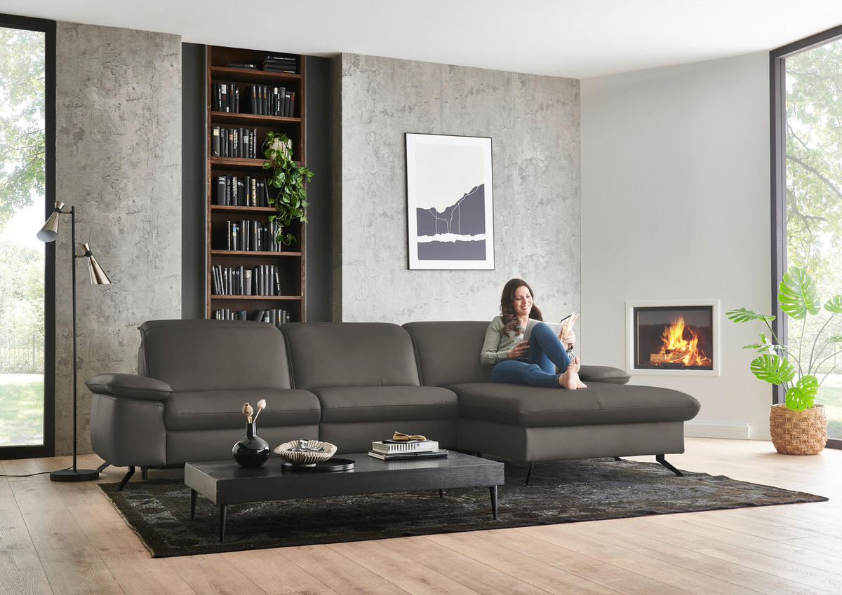 ECKSOFA  Echtleder Taupe  - Taupe/Schwarz, Design, Leder/Metall (307/169cm) - Beldomo Premium