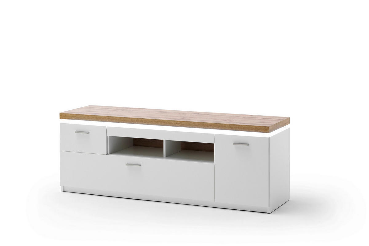 KOMODA POD TELEVIZI, bílá, barvy dubu, 156/57/44 cm - bílá/barvy stříbra, Natur, kov/kompozitní dřevo (156/57/44cm) - Novel