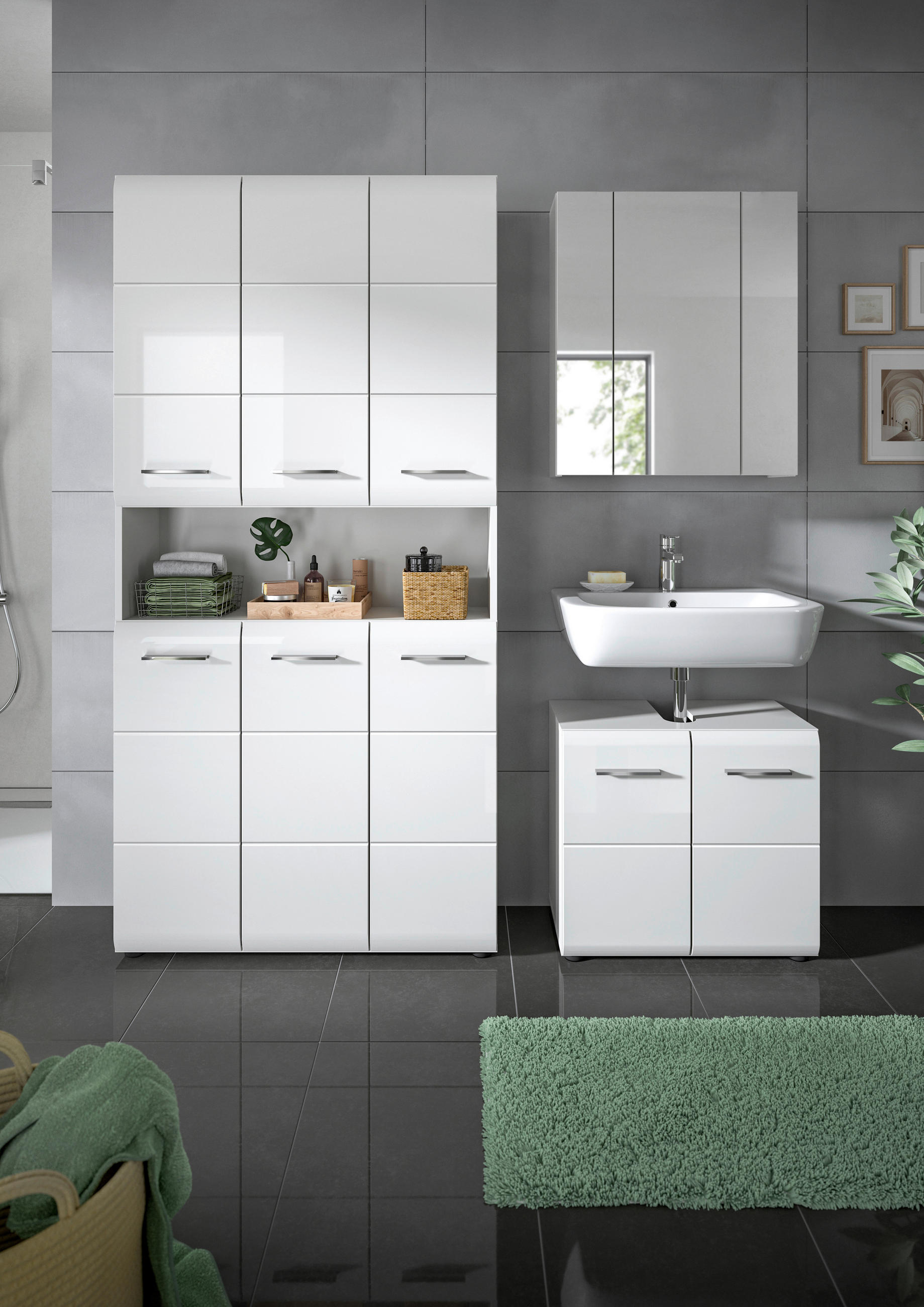 BADEZIMMER 3-teilig  in 150 cm  - Weiß Hochglanz/Silberfarben, MODERN, Holzwerkstoff/Kunststoff (150cm) - MID.YOU