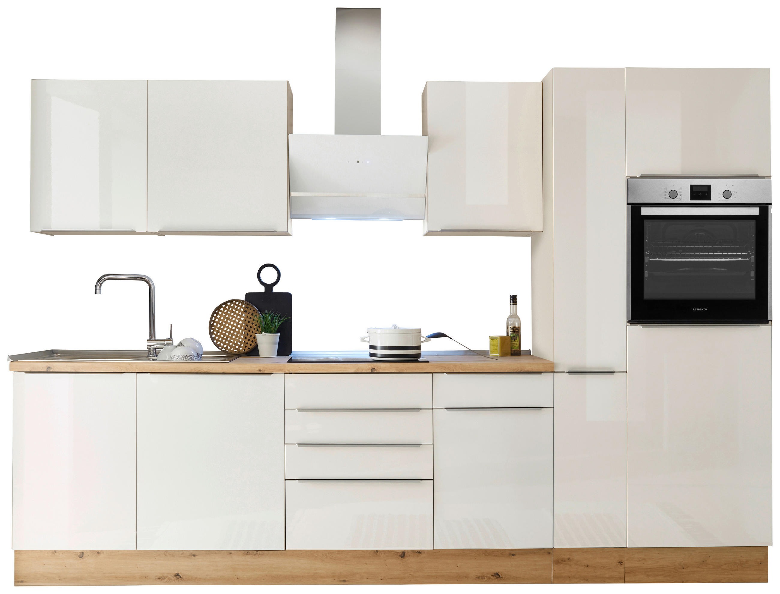 KÜCHENBLOCK 310 cm   in Weiß, Eiche Artisan, Weiß Hochglanz  - Weiß Hochglanz/Alufarben, LIFESTYLE, Holzwerkstoff/Kunststoff (310cm) - Respekta
