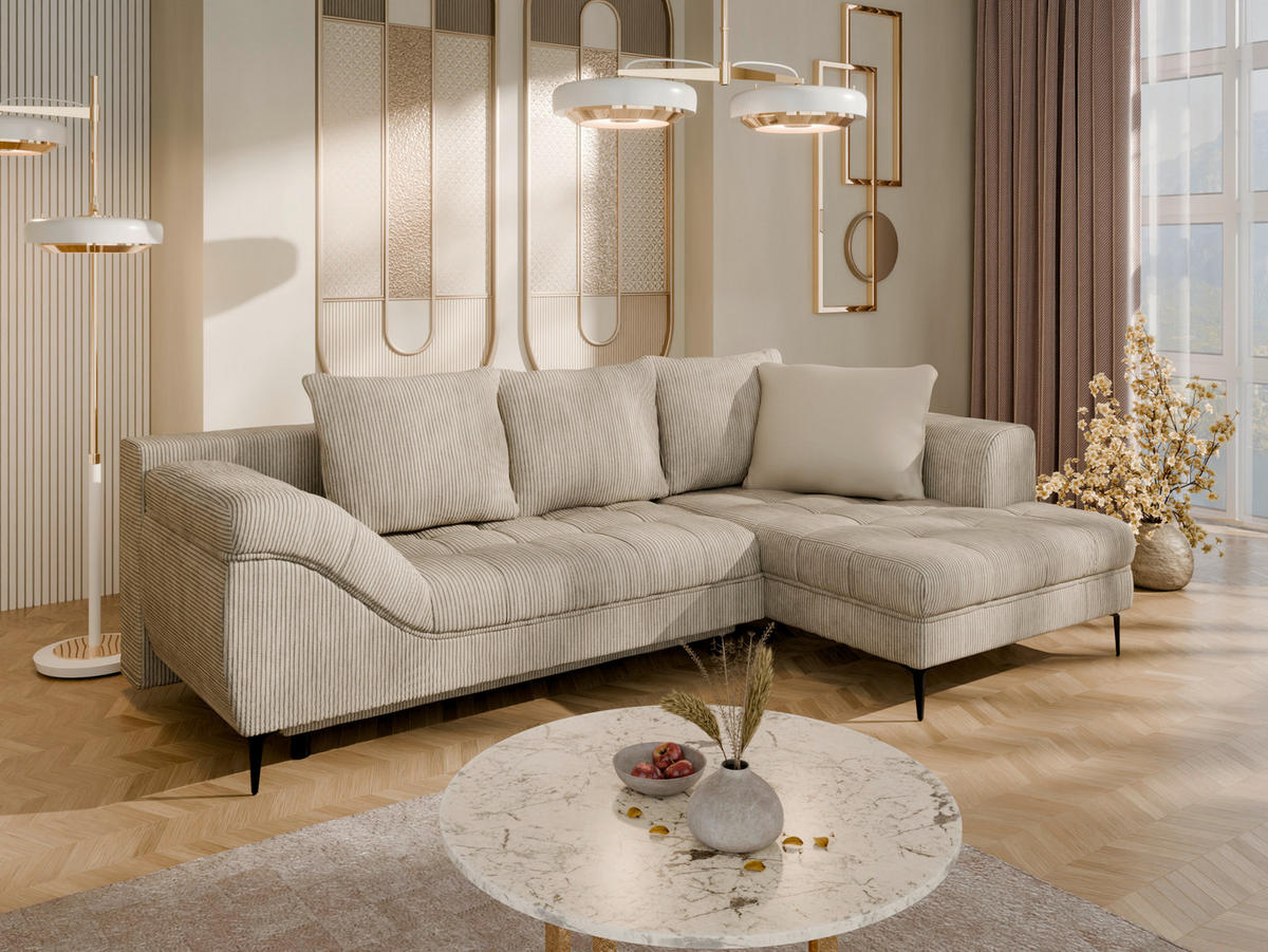 ECKSOFA in Cord Creme  - Creme/Schwarz, Design, Textil (276/177cm) - MID.YOU