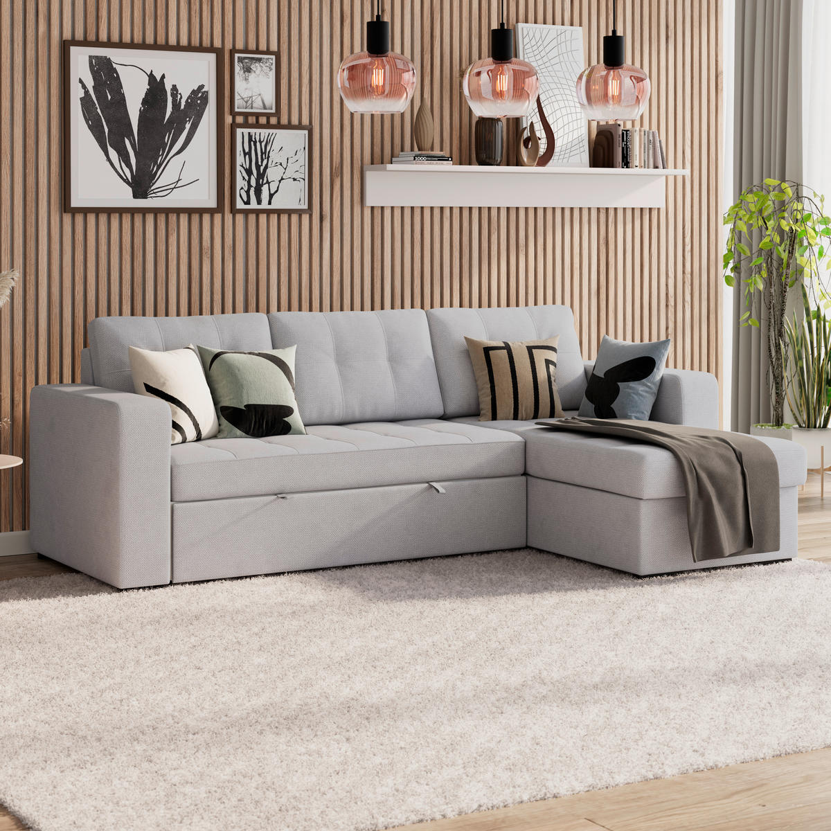 ECKSOFA TURIN Hellgrau Mikrofaser, Struktur Rückenkissen, Bettkasten  - Hellgrau/Schwarz, Trend, Textil/Metall (239/160cm) - MID.YOU