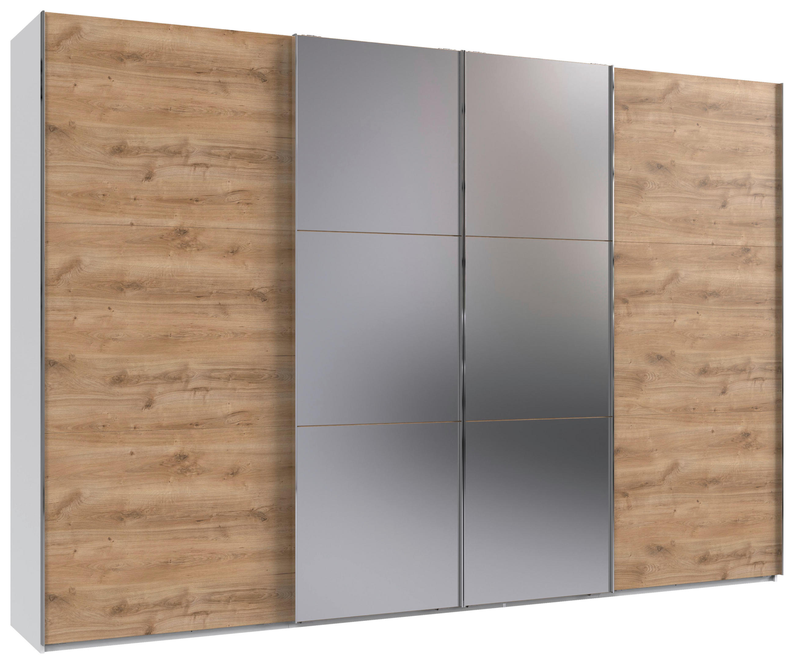 SCHWEBETÜRENSCHRANK 350/216/65 cm,  in Weiß, Plankeneiche, 4 Tür(en)  - Chromfarben/Plankeneiche, Basics, Glas/Holzwerkstoff (350/216/65cm) - MID.YOU