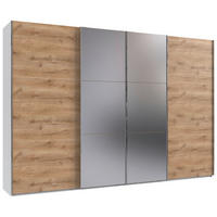 SCHWEBETÜRENSCHRANK 350/216/65 cm,  in Weiß, Plankeneiche, 4 Tür(en)  - Chromfarben/Plankeneiche, Basics, Glas/Holzwerkstoff (350/216/65cm) - MID.YOU