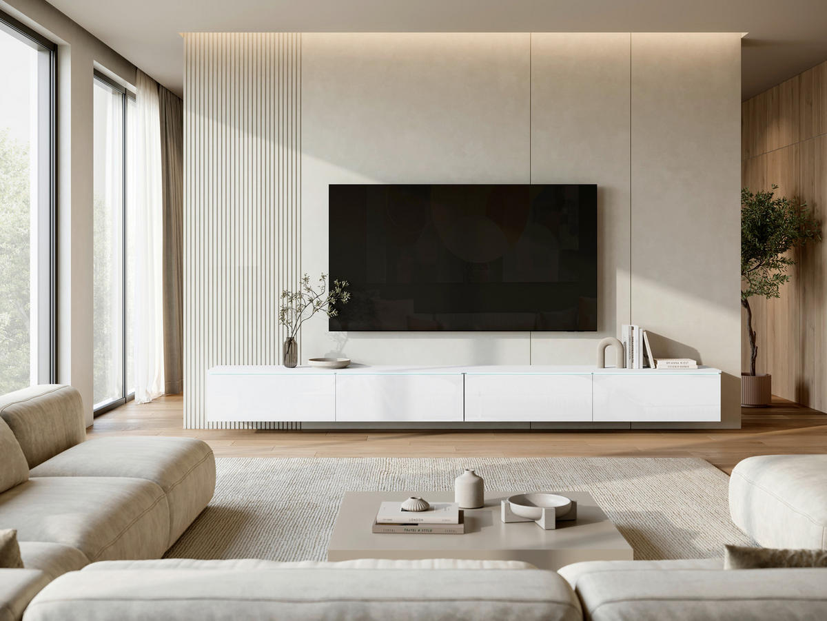 TV-SZEKRÉNY 300/32/33 cm  - magasfényű fehér/fehér, Basics, műanyag/faalapú anyag (300/32/33cm) - P & B