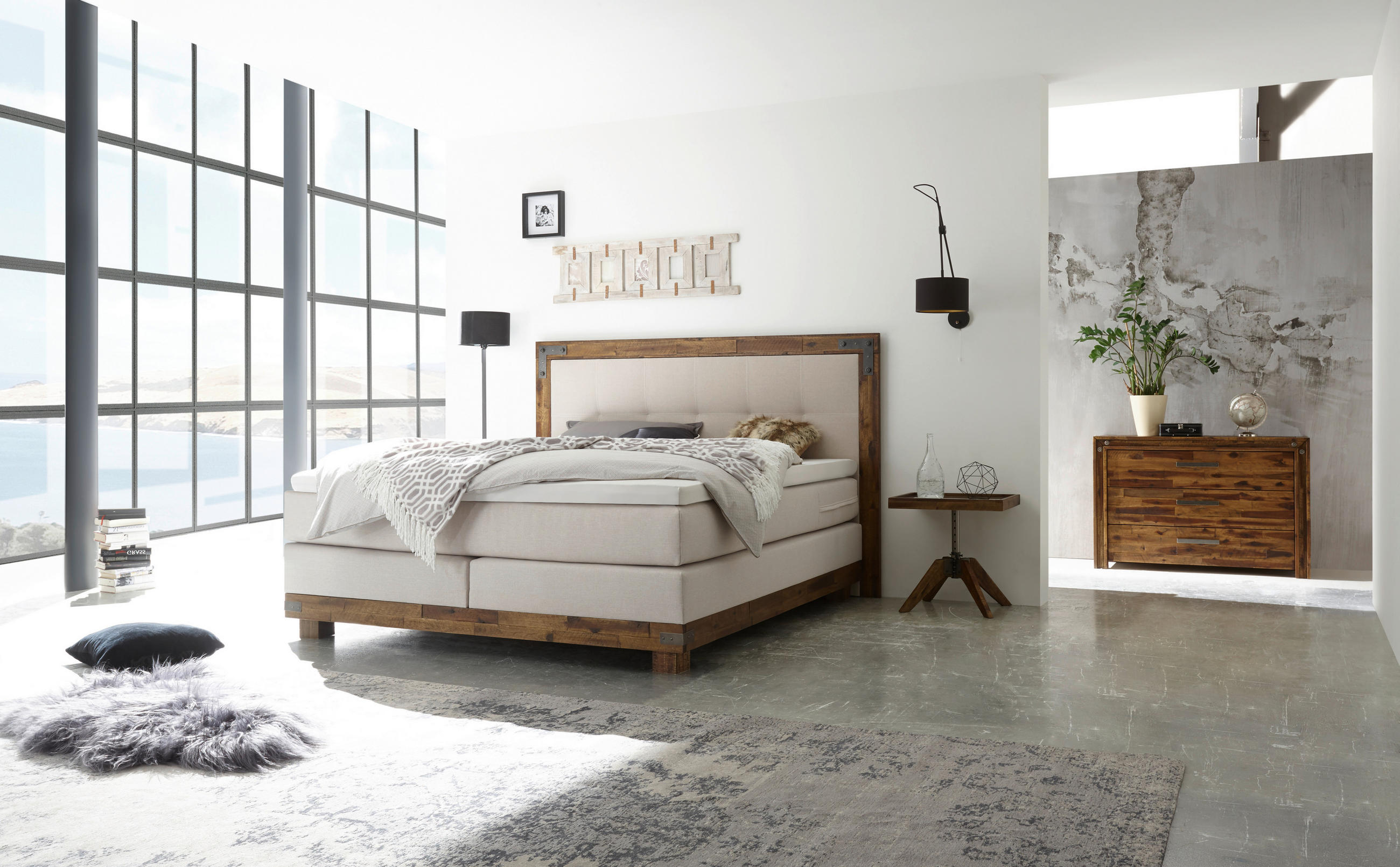 BOXSPRINGBETT 180/200 cm  in Akaziefarben, Beige  - Beige/Akaziefarben, KONVENTIONELL, Holz/Textil (180/200cm) - Hasena