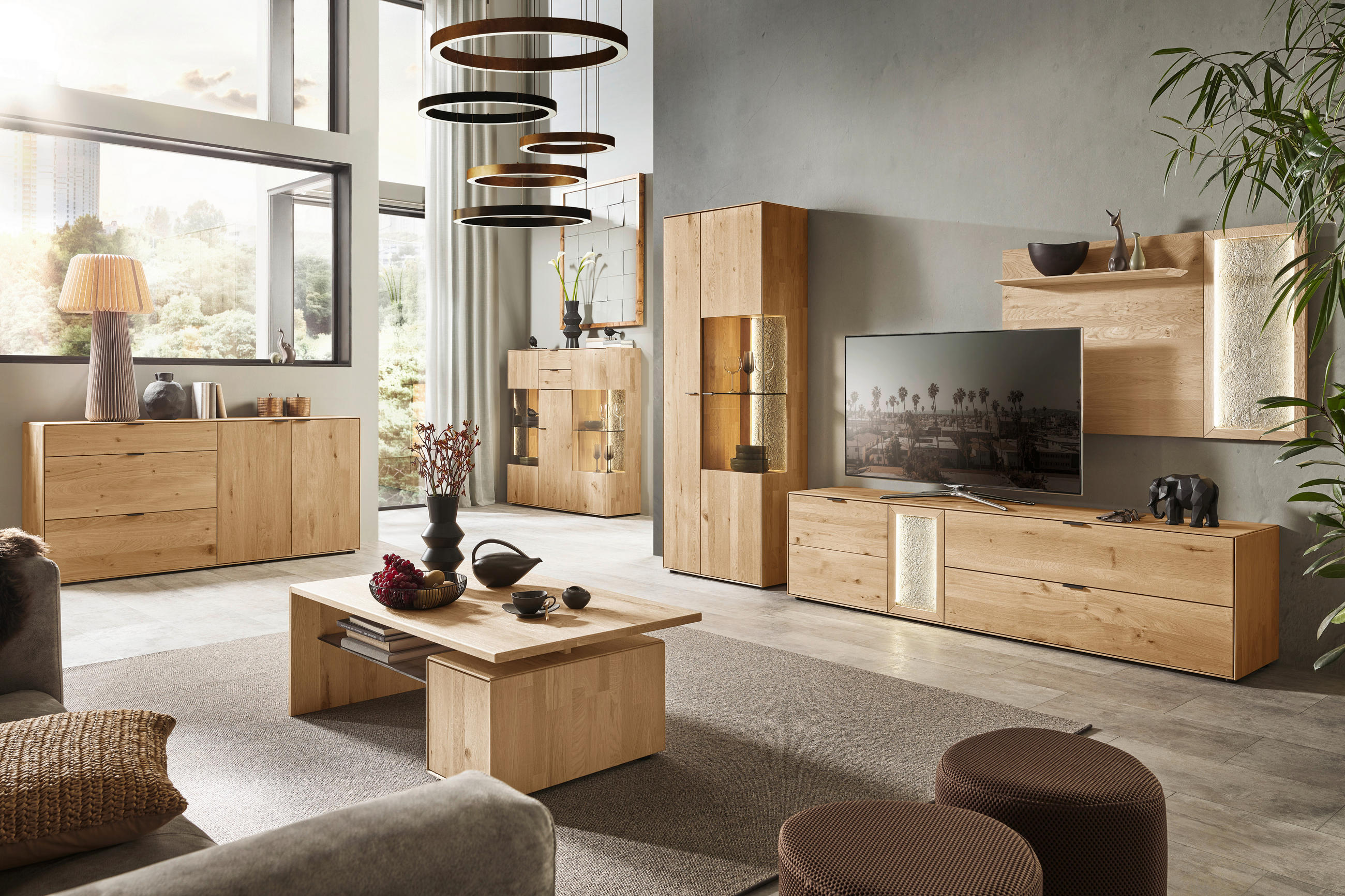 WOHNWAND  in Wildeiche 322,4/205,5/45,2 cm  - Wildeiche/Schwarz, Natur, Glas/Holz (322,4/205,5/45,2cm) - Valnatura