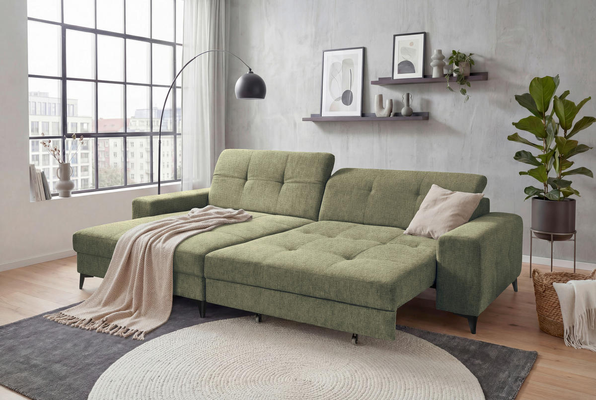 ECKSOFA SORELLA Dunkelgrün Chenille Kopfteilverstellung, Sitztiefenverstellung  - Dunkelgrün/Schwarz, Design, Kunststoff/Textil (182/328cm) - MID.YOU