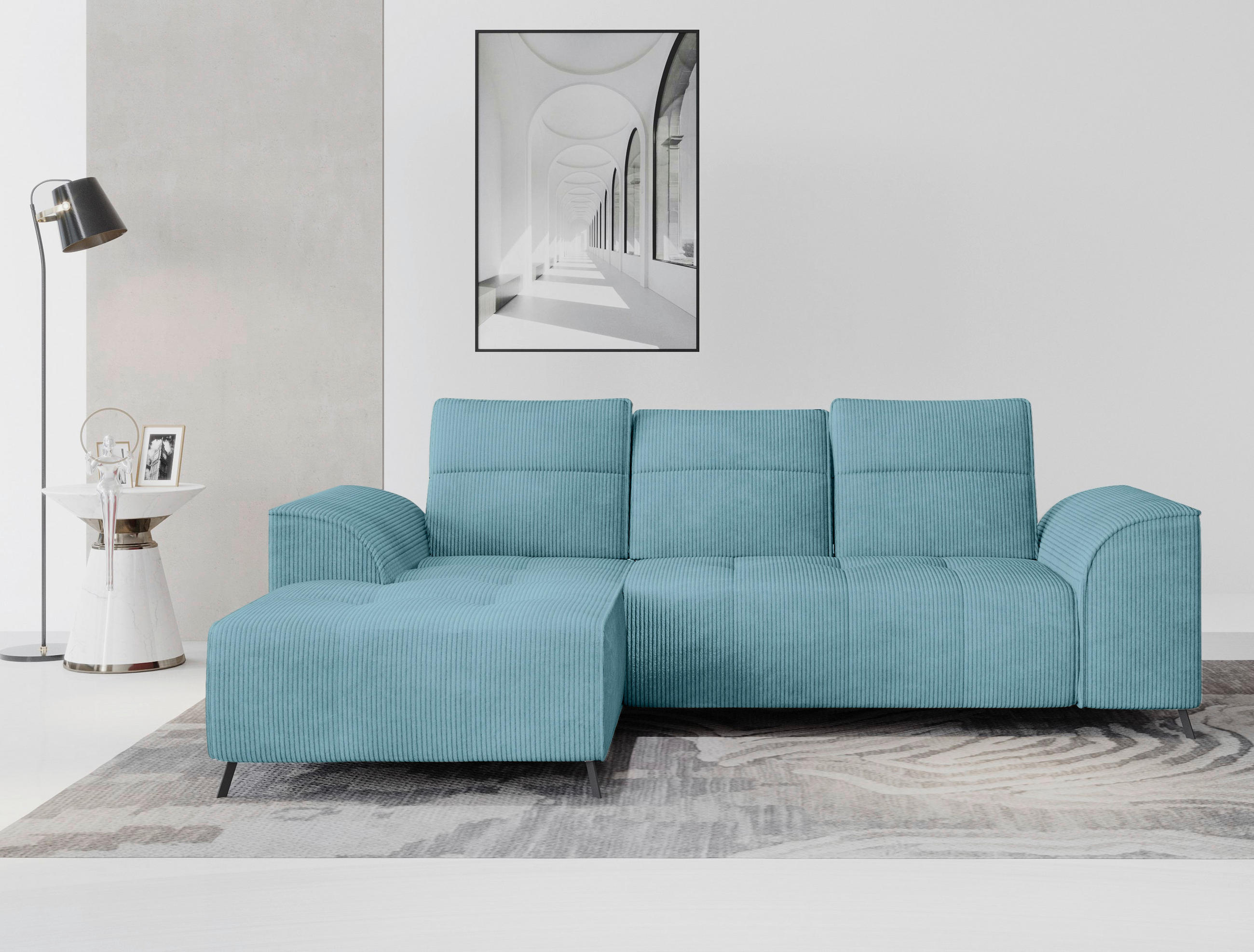 ECKSOFA Türkis Cord  - Türkis/Schwarz, KONVENTIONELL, Textil/Metall (196/290cm) - Carryhome