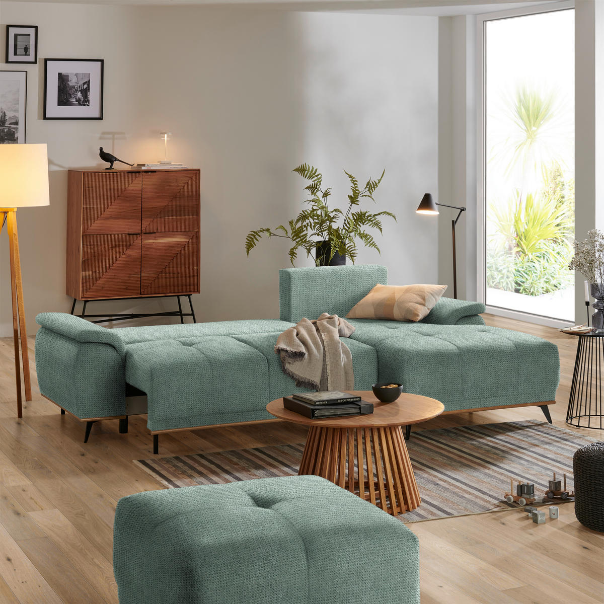 ECKSOFA in Chenille Grün  - Schwarz/Grün, Modern, Textil/Metall (262/168cm) - home24