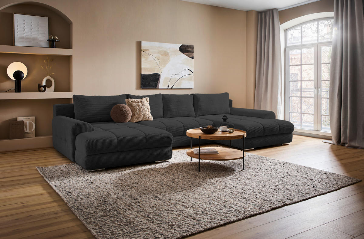 WOHNLANDSCHAFT Schwarz Cord  - Chromfarben/Schwarz, KONVENTIONELL, Kunststoff/Textil (180/376/180cm) - Carryhome