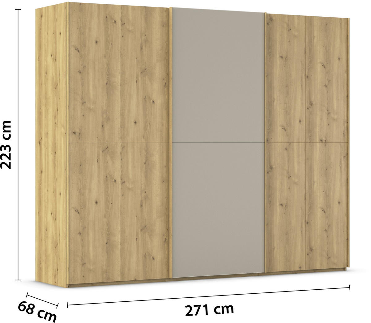 SCHWEBETÜRENSCHRANK 270/223/68 cm 3-türig Eichefarben, Fango  - Fango/Eichefarben, Design, Glas/Holz (270/223/68cm) - Novel