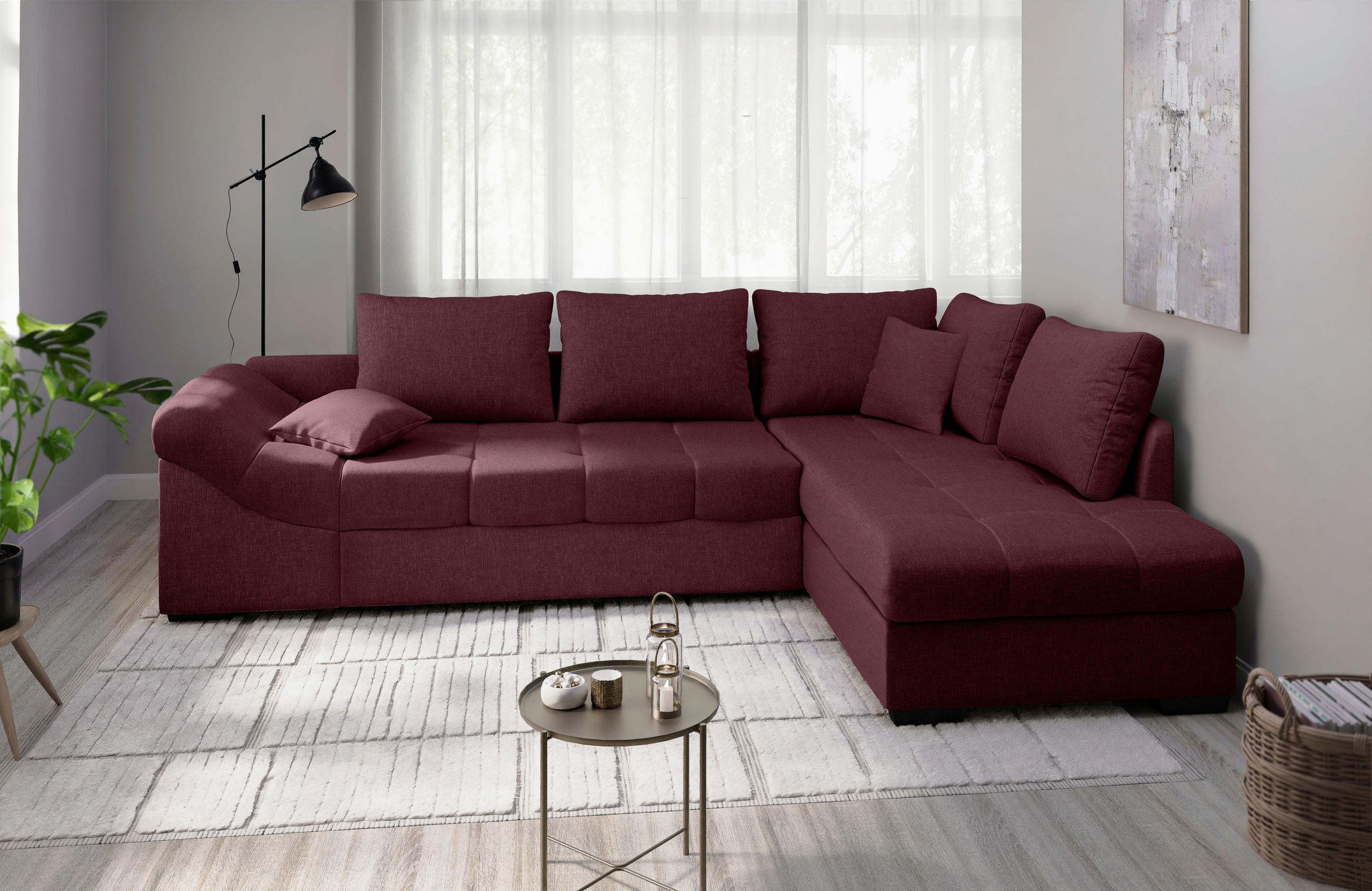 ECKSCHLAFSOFA Alvito Bordeaux Mikrofaser  - Bordeaux/Schwarz, MODERN, Holz/Textil (298/202cm) - MID.YOU