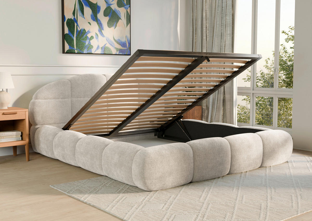 POLSTERBETT 180/200 cm,  in Beige, gepolstertes Kopfteil, Lattenrost, Bettkasten,  - Beige/Schwarz, Design, Holz/Textil (180/200cm) - Chameo