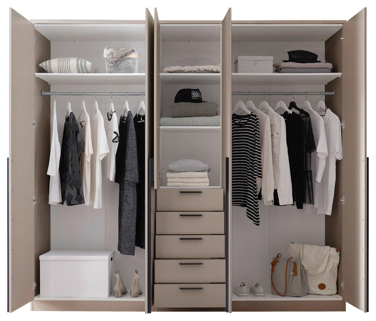 KLEIDERSCHRANK 225/210/52 cm,  in Kaschmir, 5-türig  - Kaschmir/Schwarz, KONVENTIONELL, Holzwerkstoff/Kunststoff (225/210/52cm) - Livetastic