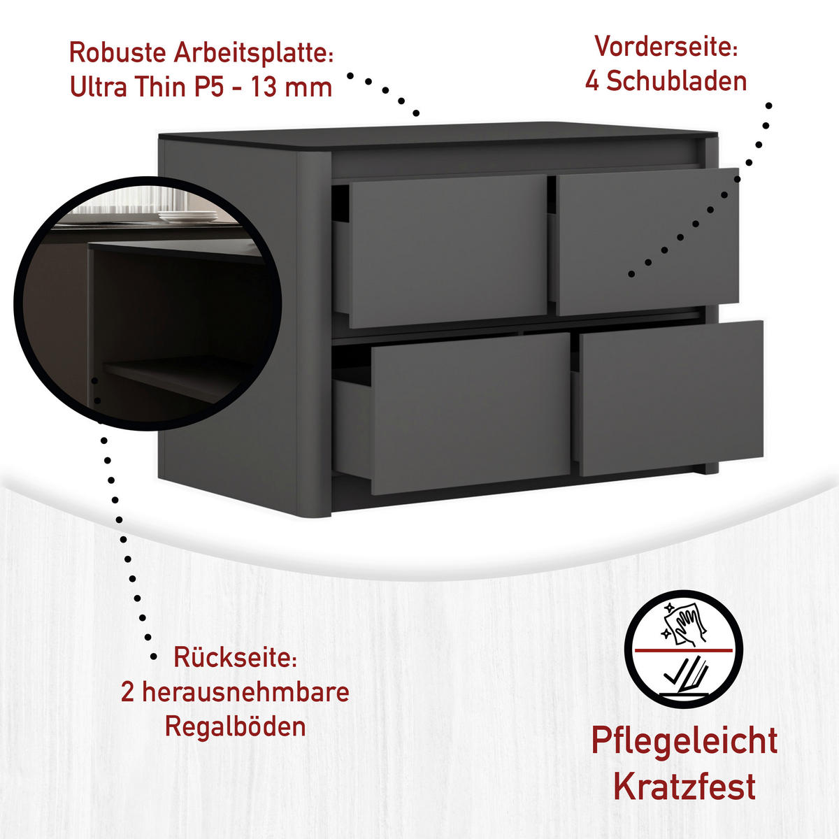 KÜCHENINSEL 129,60/91,9/80 cm  in Anthrazit, Schwarz  - Anthrazit/Schwarz, MODERN, Holzwerkstoff (129,60/91,9/80cm) - home24