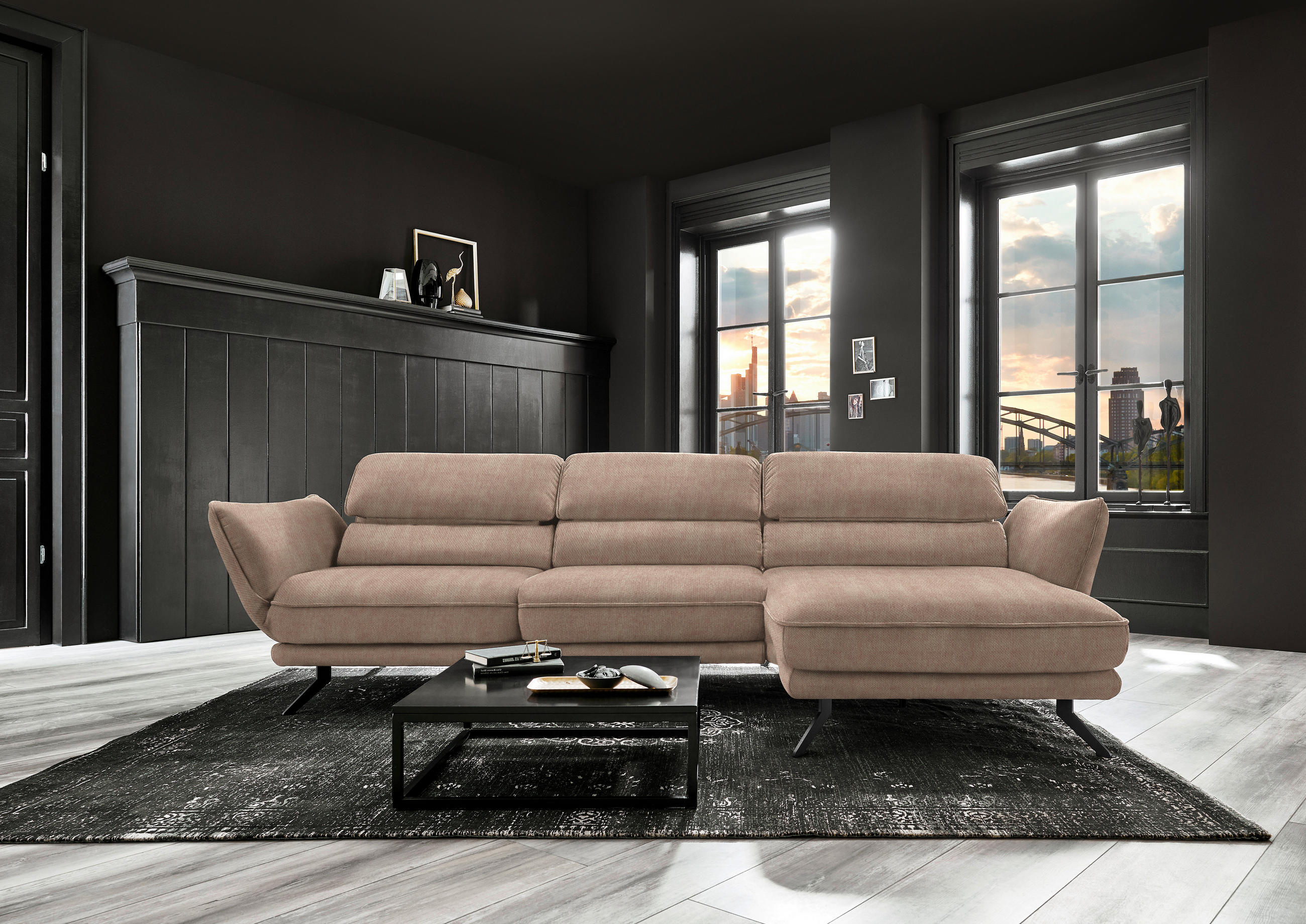 ECKSOFA in Velours Hellbraun  - Hellbraun/Schwarz, Design, Textil/Metall (283/153cm) - Valdera