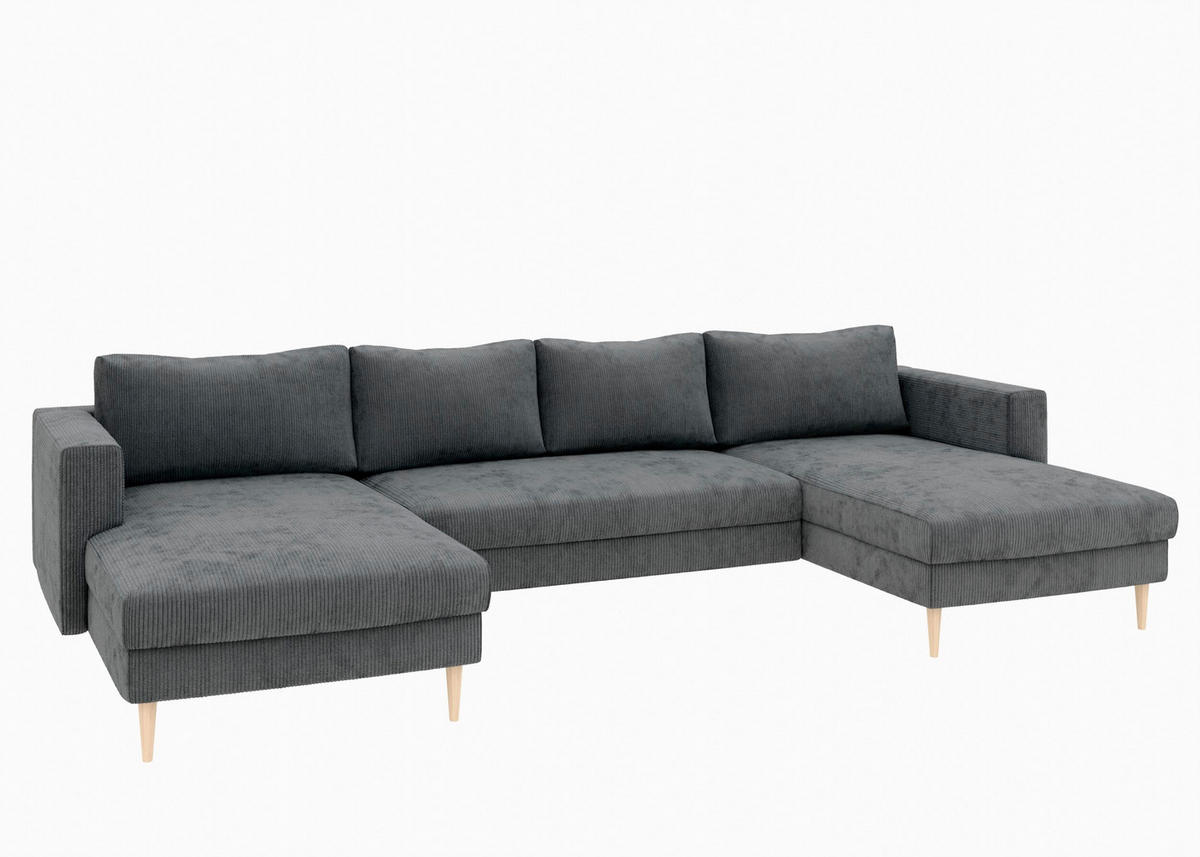 WOHNLANDSCHAFT Dunkelgrau Cord  - Dunkelgrau/Buchefarben, MODERN, Holz/Textil (161/306/161cm) - Trendmanufaktur