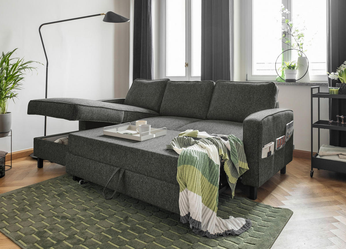 ECKSOFA in Struktur Dunkelgrau  - Dunkelgrau/Schwarz, Holz/Textil (148/228cm) - MID.YOU