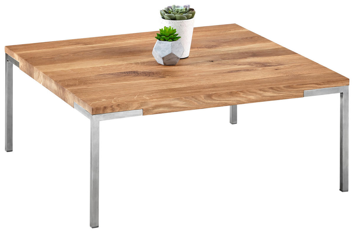 COUCHTISCH Eiche massiv 80/80/33,5 cm quadratisch Eichefarben, Edelstahlfarben  - Edelstahlfarben/Eichefarben, Design, Holz/Metall (80/80/33,5cm) - Novel