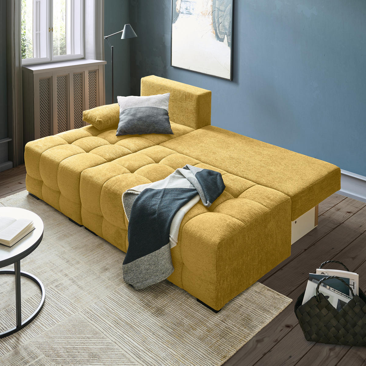 ECKSOFA Senfgelb Chenille  - Senfgelb/Schwarz, MODERN, Kunststoff/Textil (145/204cm) - home24