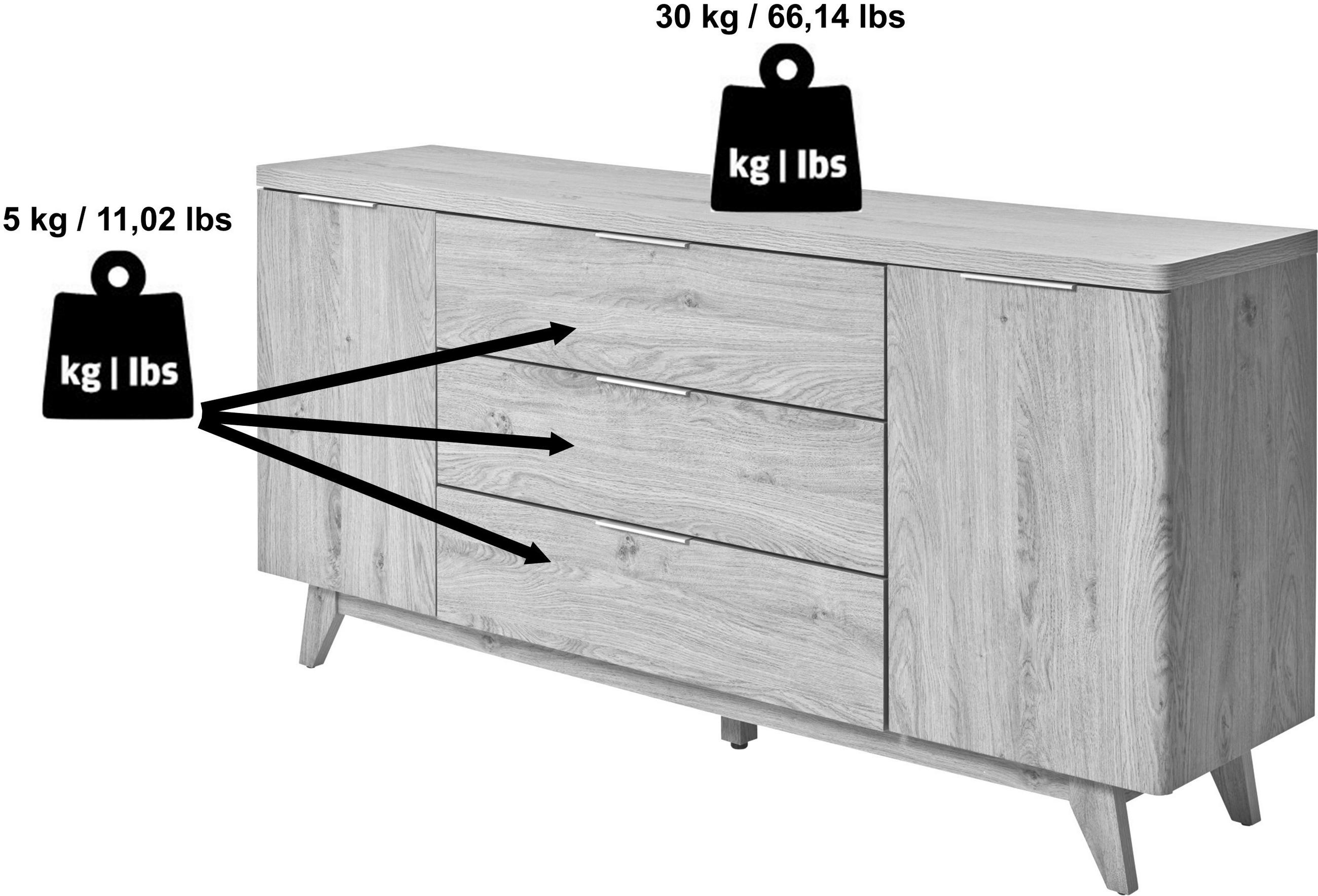 Thumbnail - Livetastic Sideboard, Eiche, Metall, 2 Fächer, 3 Schubladen, 150x77x39 cm, Beimöbel erhältlich, stehend, Wohnzimmer, Kom...