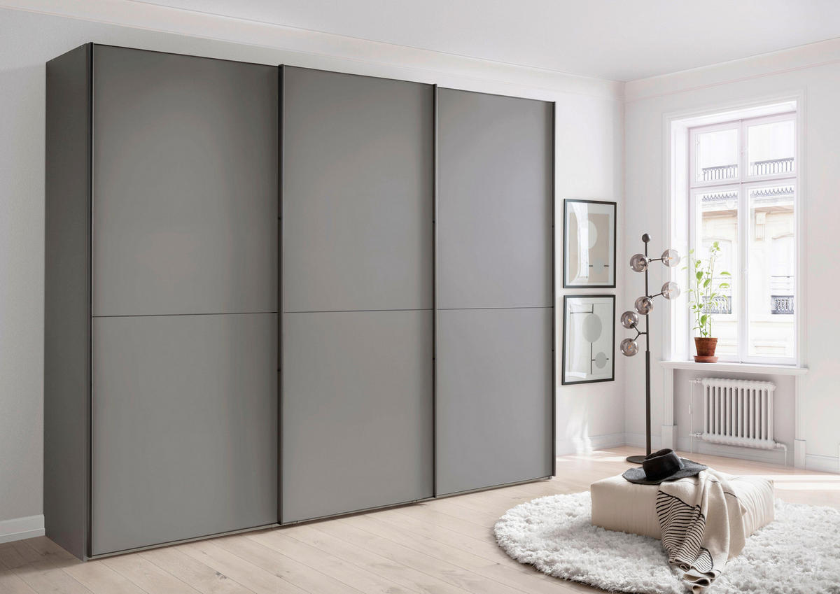 SCHWEBETÜRENSCHRANK 300/236/67 cm,  in Lavagrau, 3 Tür(en)  - Lavagrau/Schwarz, MODERN, Holzwerkstoff/Metall (300/236/67cm) - Chameo