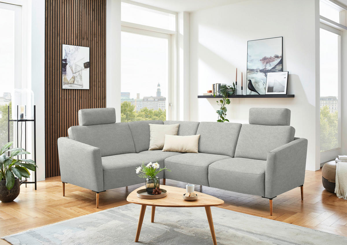 ECKSOFA  in Flachgewebe Grauweiß  189/236 cm  - Eichefarben/Grauweiß, Design, Holz/Textil (189/236cm) - Valnatura