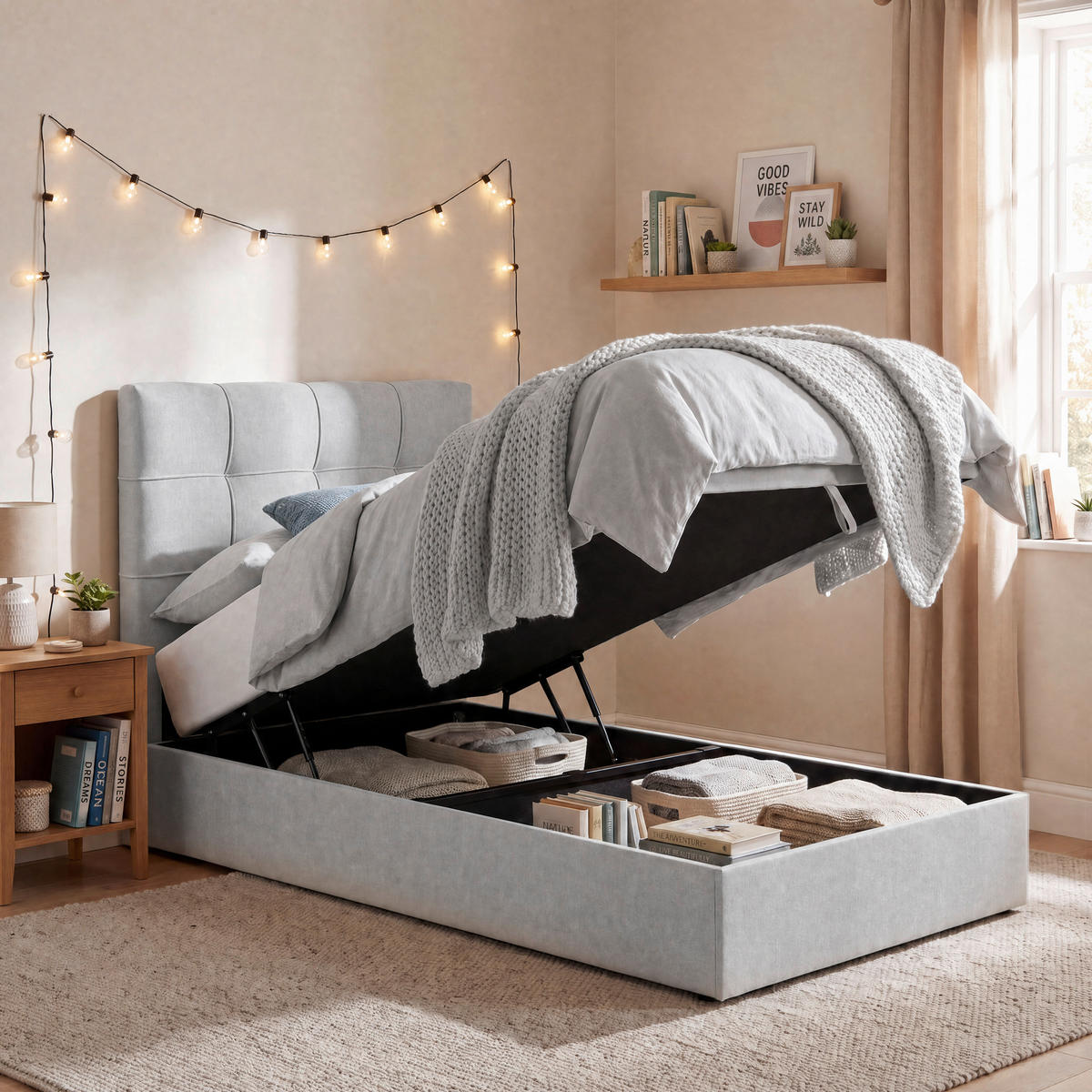 BOXBETT 100/200 cm,  in Hellgrau, Matratze, gepolstertes Kopfteil, Bettkasten, Topper, H3 = fest  - Hellgrau/Schwarz, Basics, Kunststoff/Textil (100/200cm) - Chameo