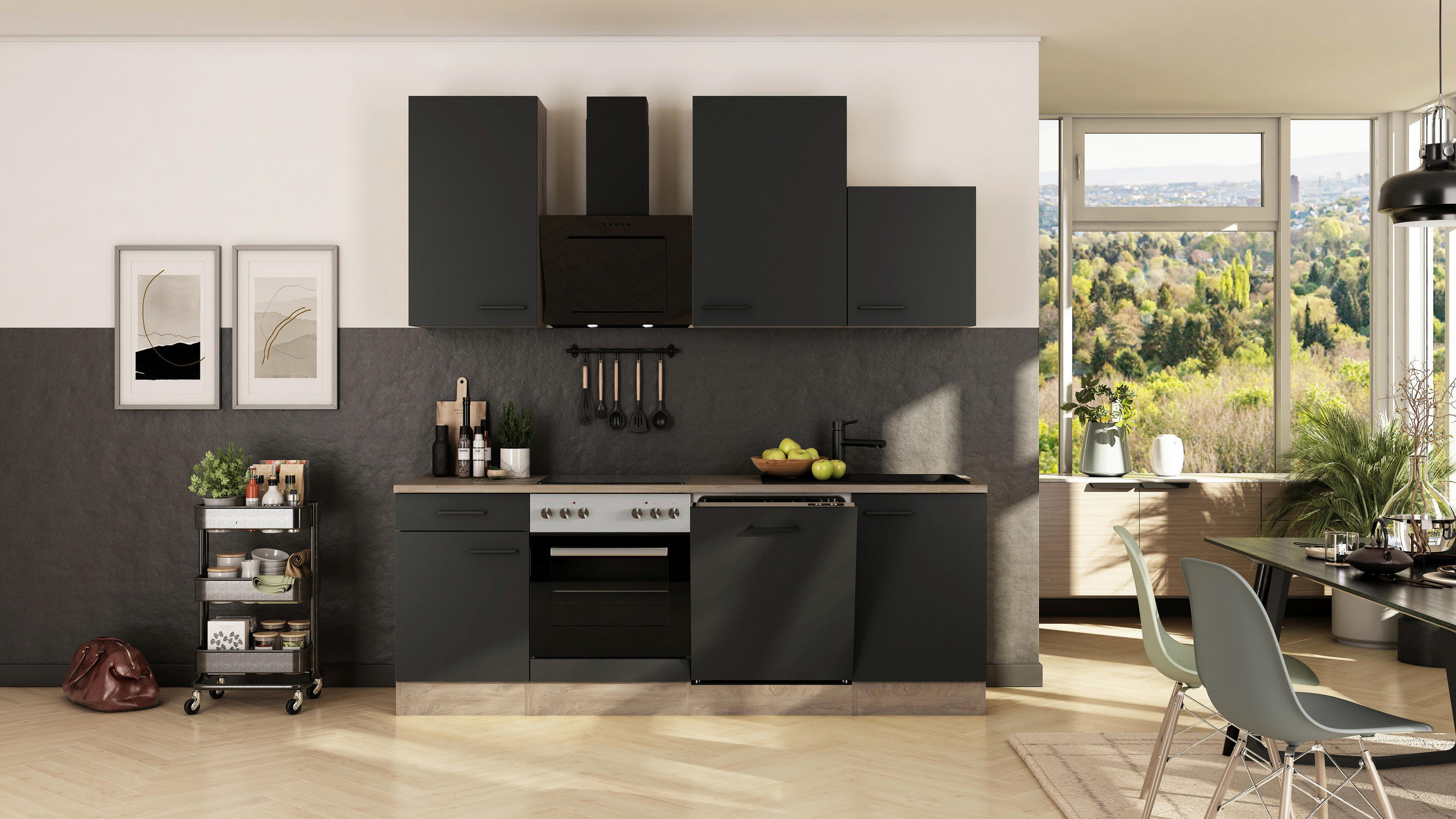 FlexWell Küchenblock Capri Schwarz, Eiche 220 cm