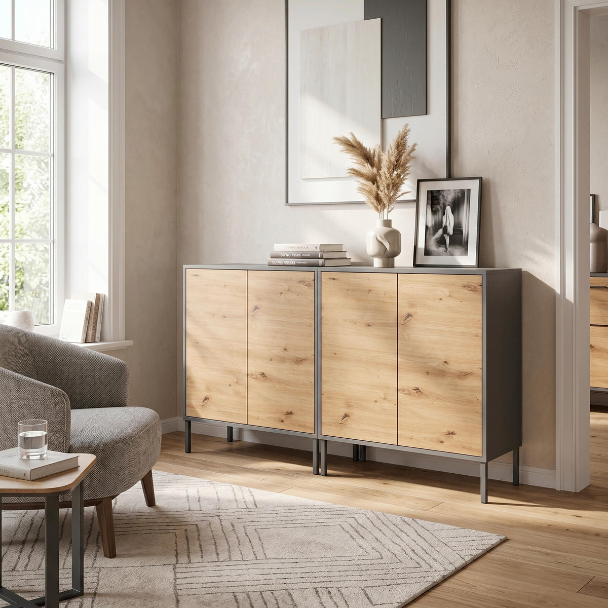 SIDEBOARD Mailand Set 2 + MF 158/86/33 cm  - Anthrazit/Eiche Artisan, MODERN, Holzwerkstoff/Metall (158/86/33cm) - MID.YOU