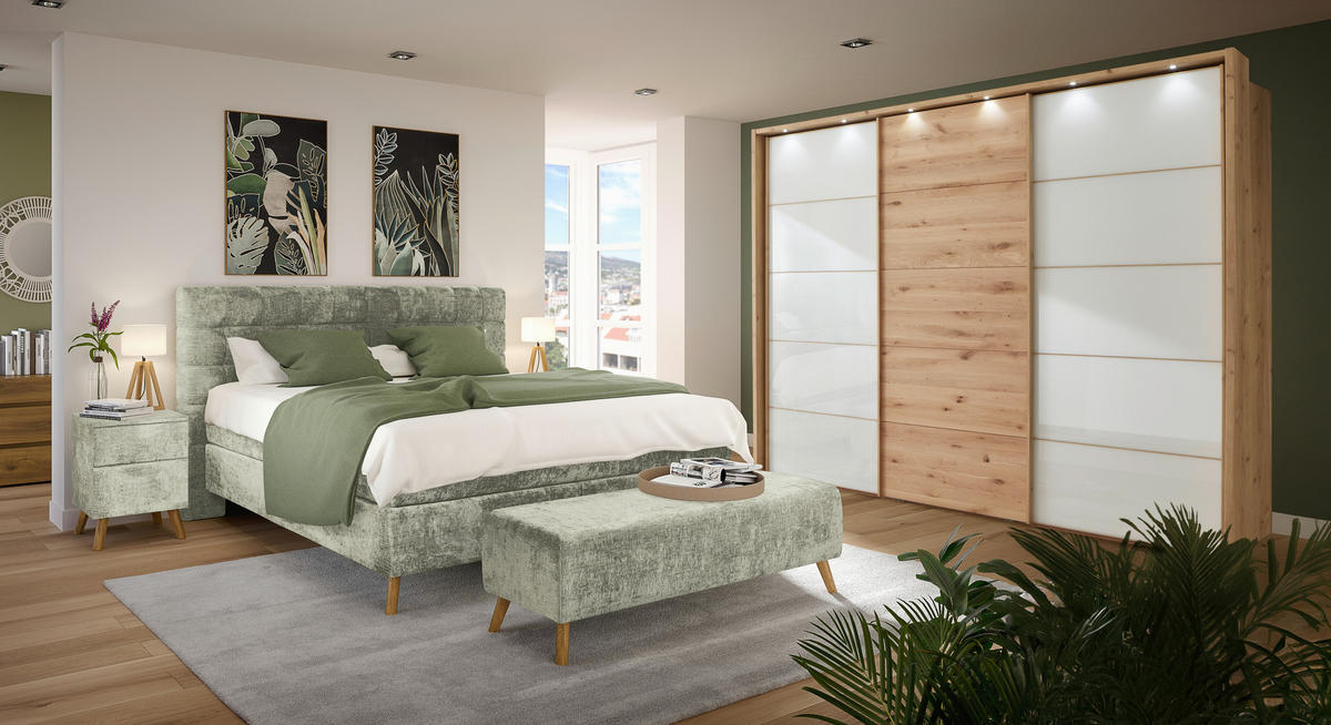 BOXSPRINGBETT 180/200 cm  in Hellgrün  - Eichefarben/Hellgrün, Design, Holz/Textil (180/200cm) - Esposa
