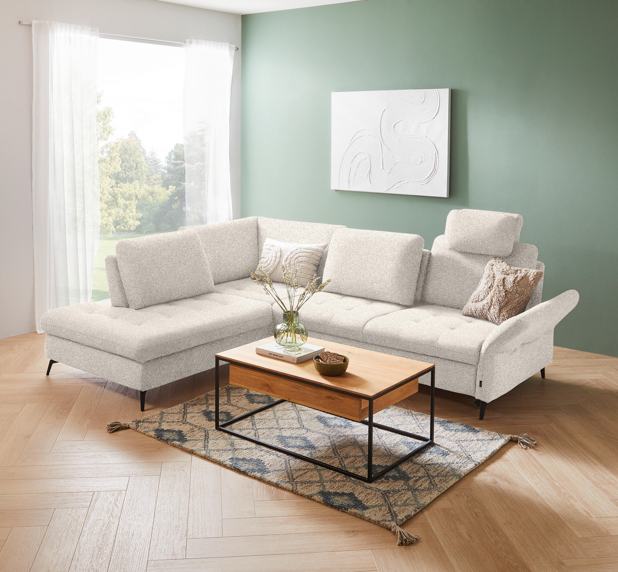 ECKSOFA in Bouclé Creme  - Creme/Schwarz, Natur, Textil/Metall (233/288cm) - Valnatura