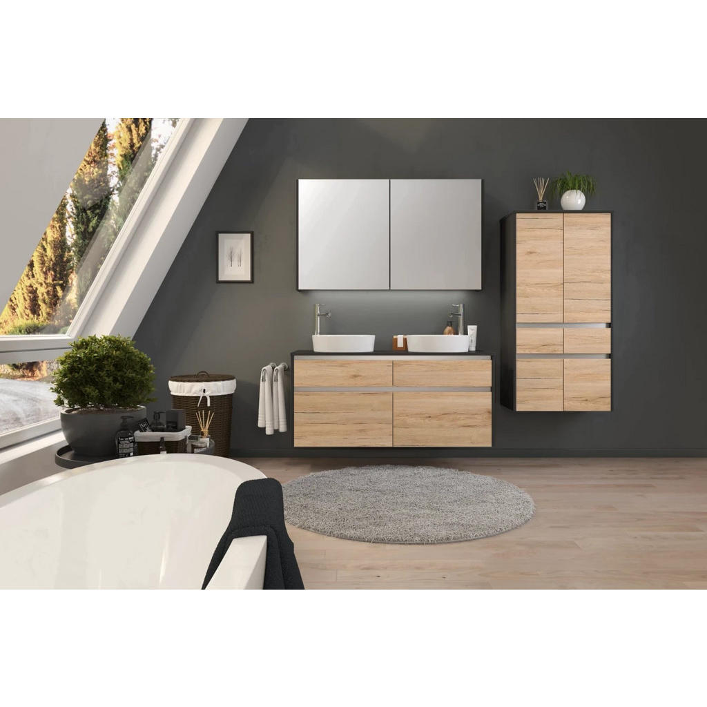 Badmöbel-Set 3-Tlg. Riga B: Ca 202 cm Eiche Dekor/Dunkelgrau
