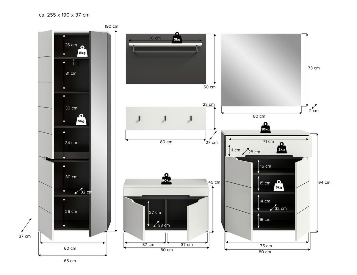 ELŐSZOBAFAL - fehér/szürke, Design, faalapú anyag (265/190/37cm) - Livetastic