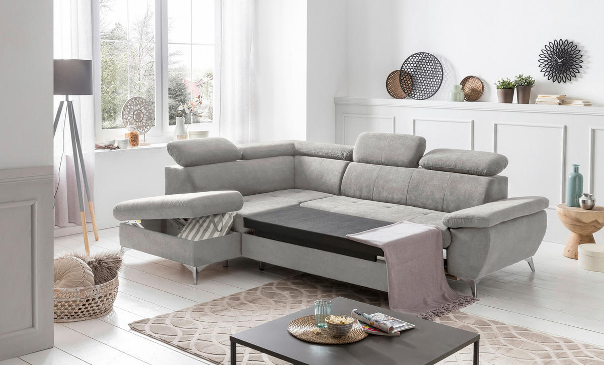 ECKSOFA in Mikrofaser Grau  209/256 cm  - Chromfarben/Grau, KONVENTIONELL, Textil/Metall (209/256cm) - Livetastic