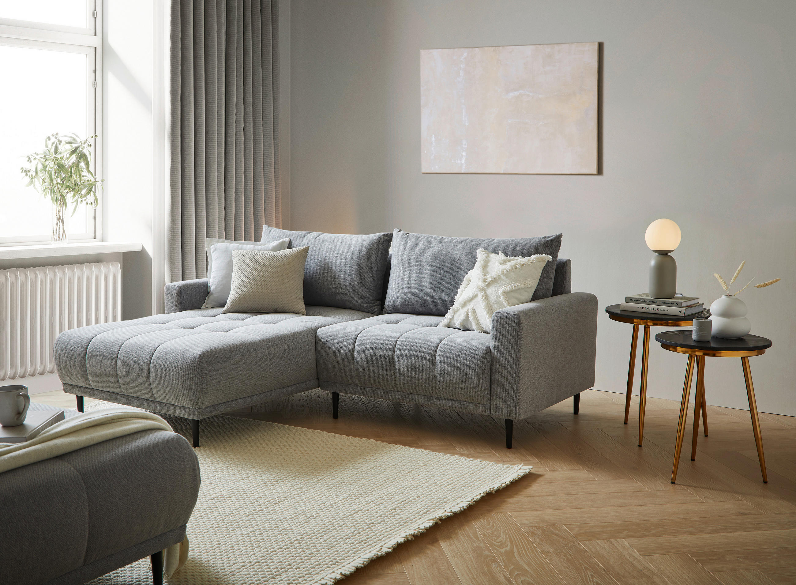 ECKSOFA Hellgrau Webstoff  - Hellgrau/Schwarz, Design, Holz/Textil (215/160cm) - Stylife