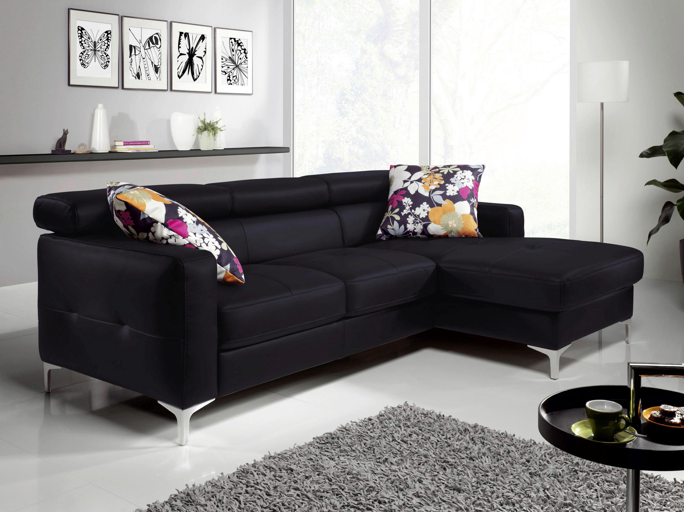 ECKSOFA in Echtleder Schwarz  227/168 cm  - Chromfarben/Schwarz, Design, Leder/Metall (227/168cm) - Livetastic
