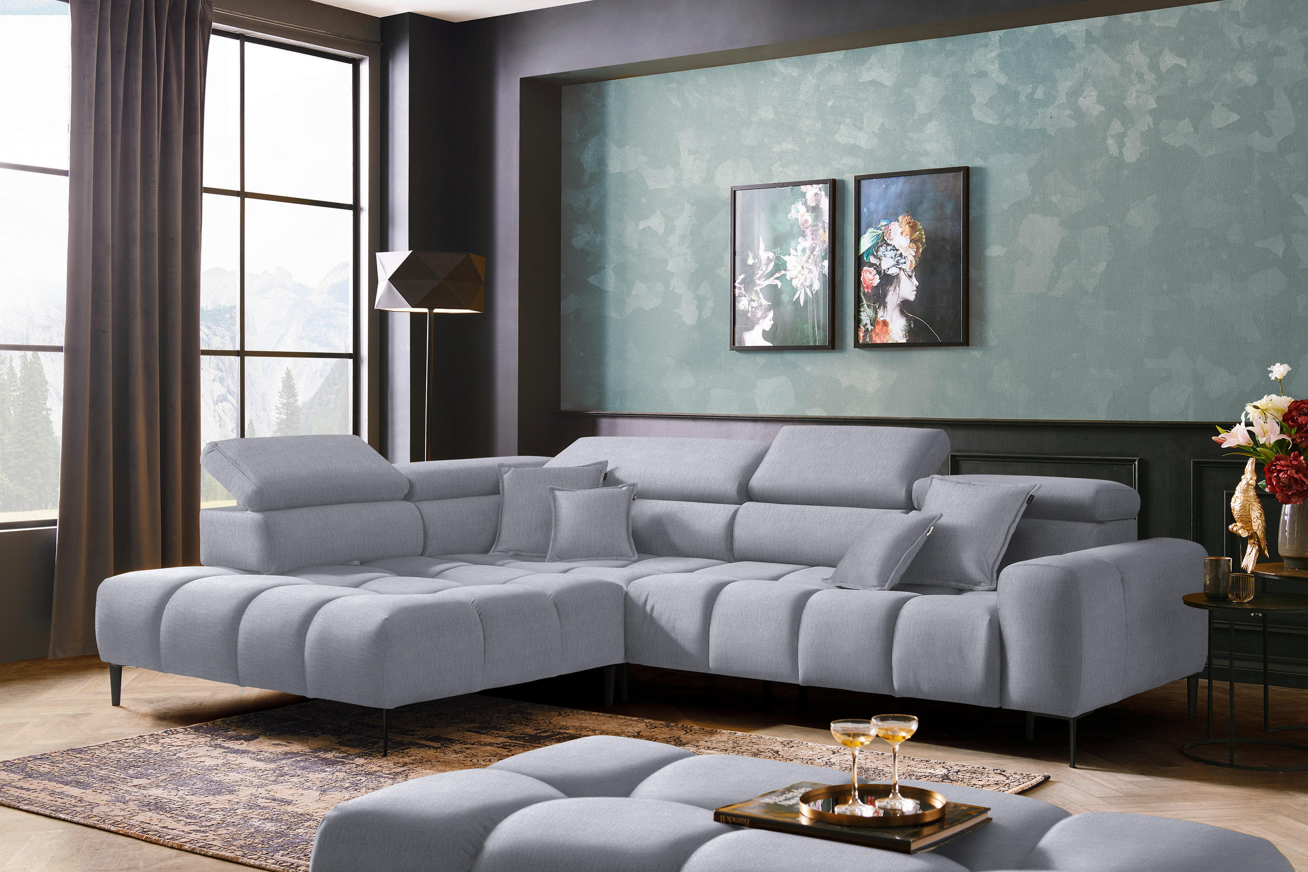 ECKSOFA in Samt, Webstoff Hellgrau  - Hellgrau/Schwarz, Design, Textil/Metall (216/300cm) - Welnova