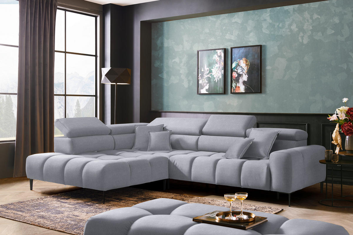 ECKSOFA Hellgrau Samt, Webstoff  - Hellgrau/Schwarz, Design, Textil/Metall (216/300cm) - Welnova