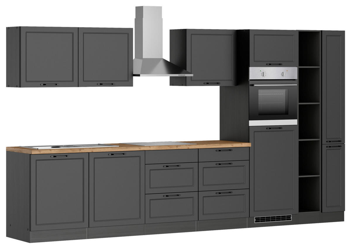 KÜCHENBLOCK 360 cm   in Eiche Wotan, Grau  - Eiche Wotan/Schwarz, LIFESTYLE, Holzwerkstoff/Metall (360cm) - Held